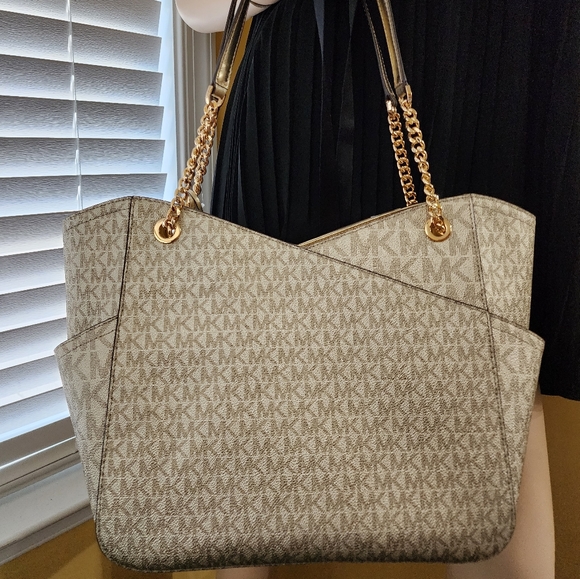 Michael Kors Jet Set Chain Logo LG Shoulder Tote Bag Gold - Picture 3 of 8